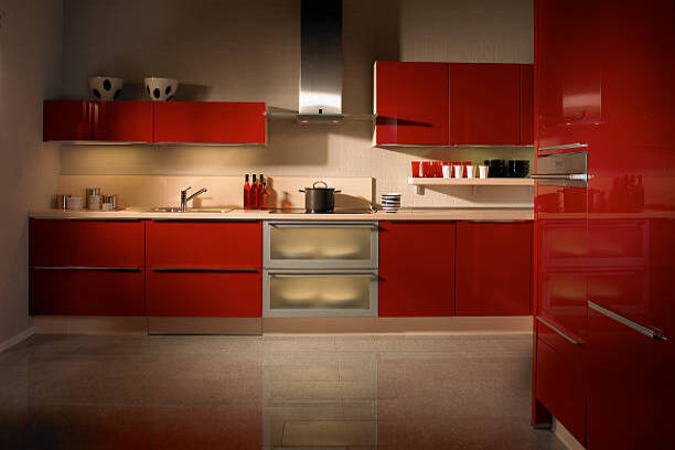 View of a modern stylish luxury kitchen in an expensive apartment complex.